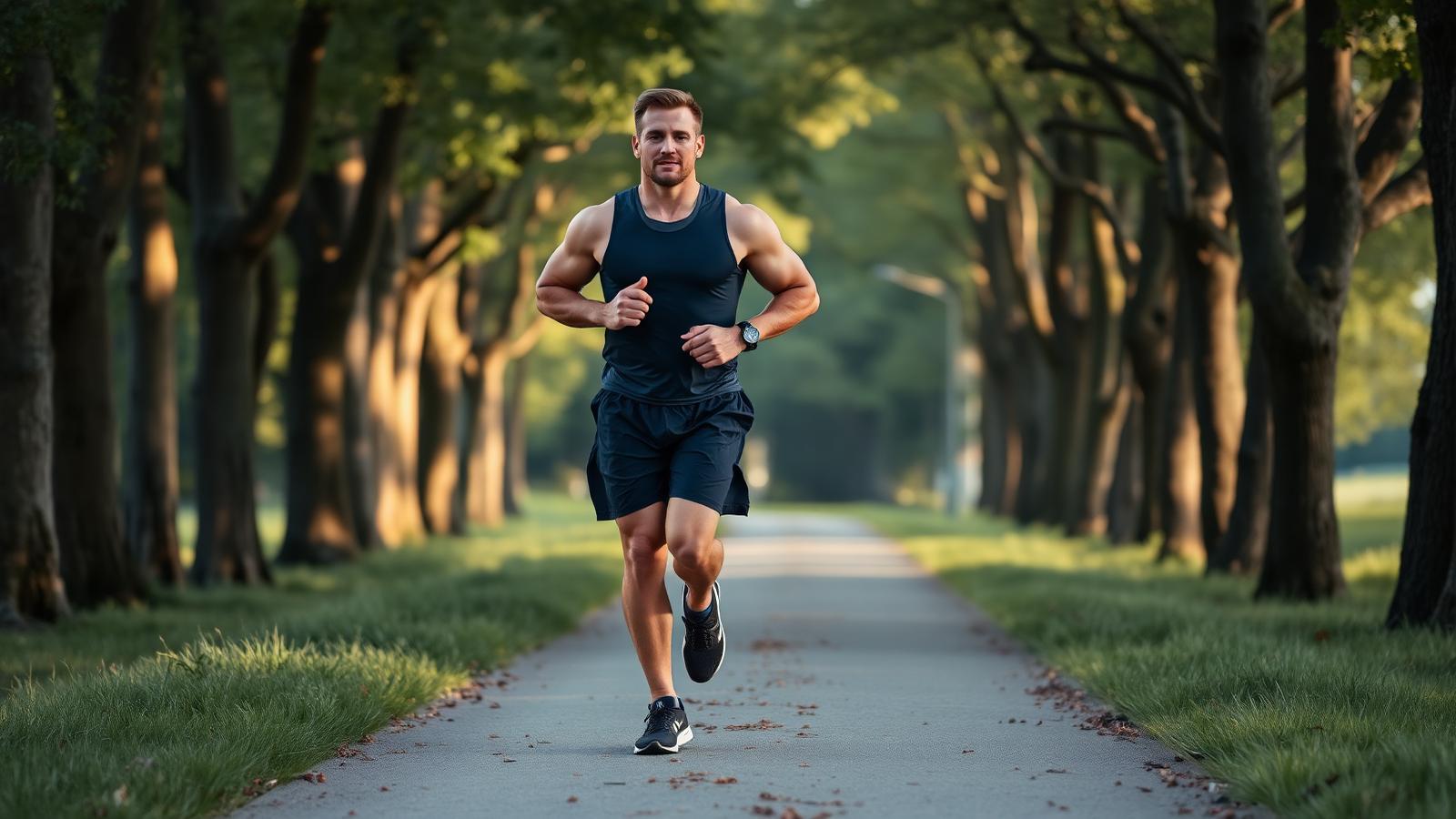 Large-framed male bodybuilder jogging steadily on a tree-lined trail in early morning light, wearing a compression top and loose shorts, GPS watch on wrist.
