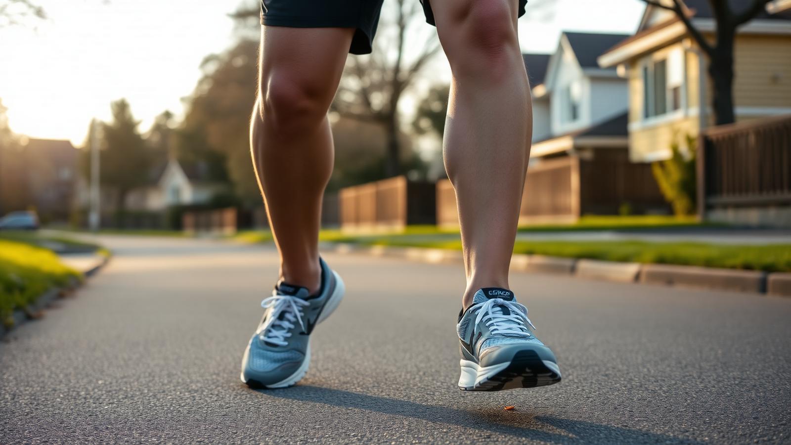 Ground-level photograph of a complete beginner's legs and running shoes mid-stride on a suburban pavement at sunrise, showing new supportive trainers.