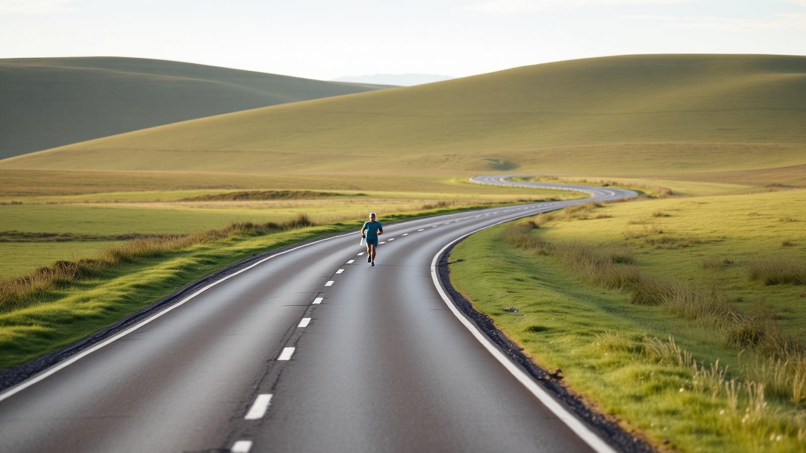 Single runner on a quiet countryside road curving through rolling green hills, conveying a long steady aerobic run.