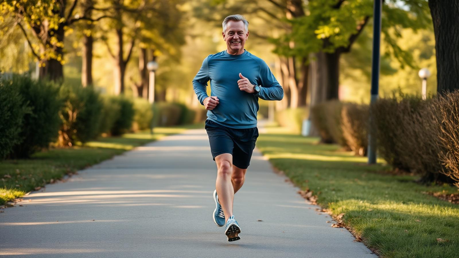 A confident higher-body-weight adult in a blue long-sleeve top jogging on a flat paved park path in warm afternoon light, cushioned running shoes, GPS watch on wrist.