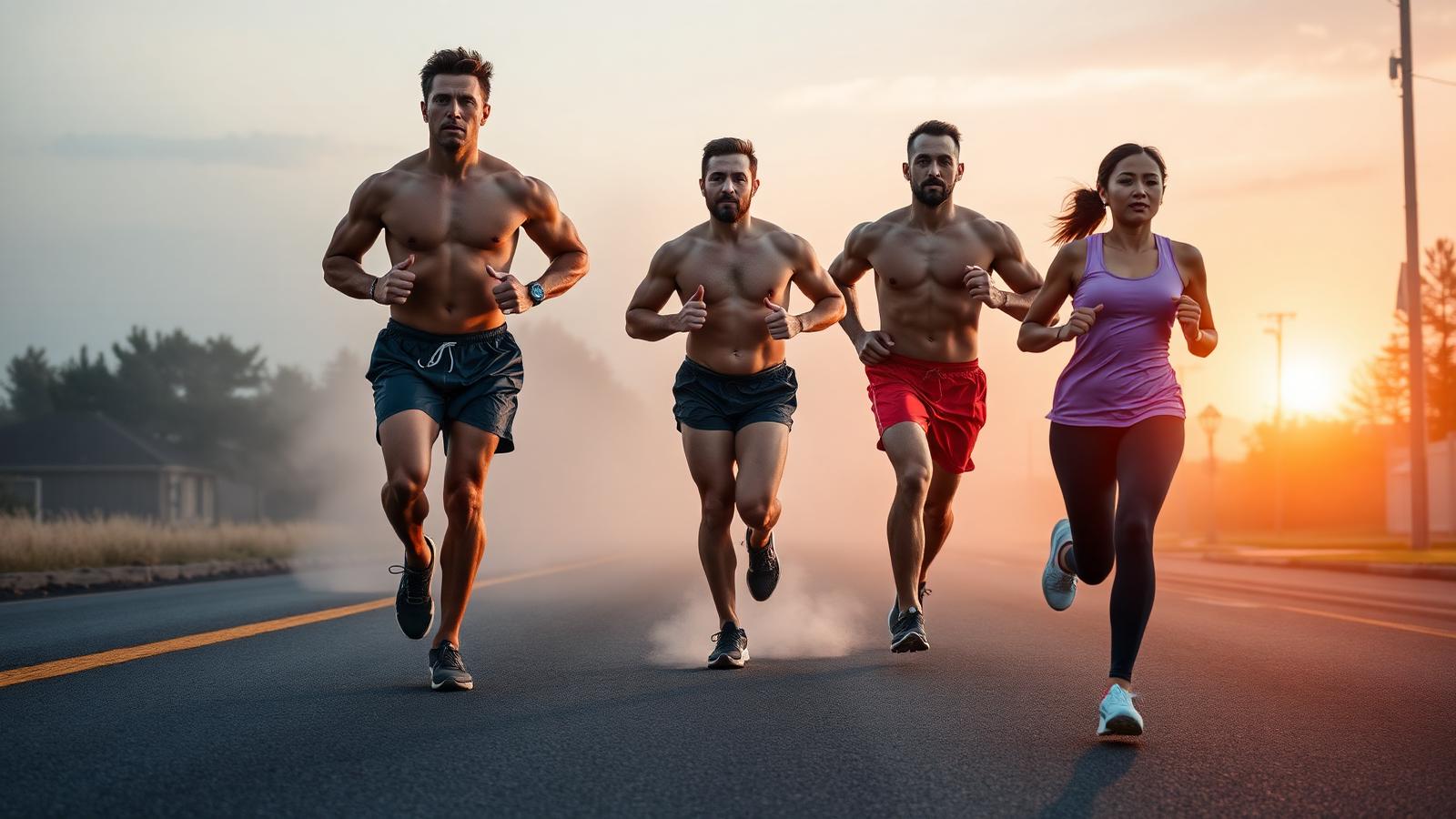 Five diverse runners — a weightlifter, hybrid athlete, bodybuilder, first-5K finisher and a suburban morning runner — sharing an early-morning road at sunrise.