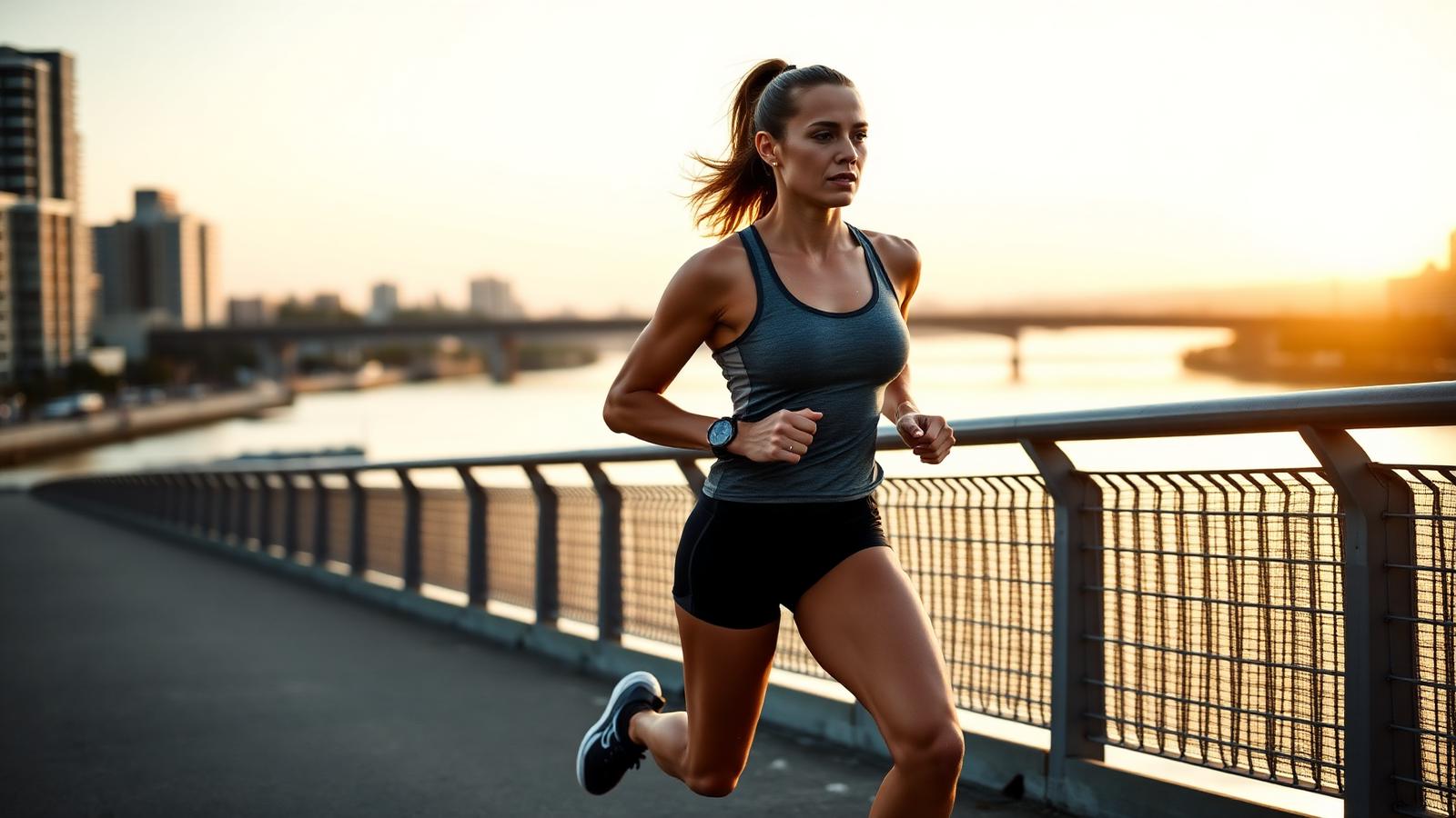Lean muscular woman in her late 20s running across a river bridge at sunrise, GPS watch on wrist, city skyline behind her.