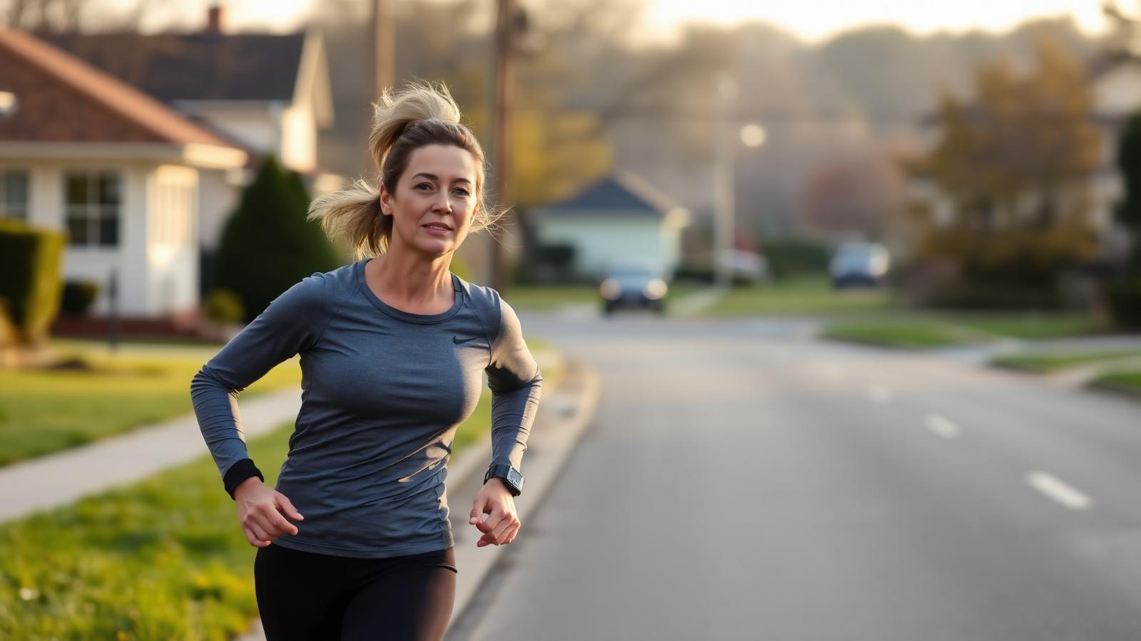 Woman in her late 30s running through a quiet suburban street at early morning, GPS watch on wrist, calm determined expression.