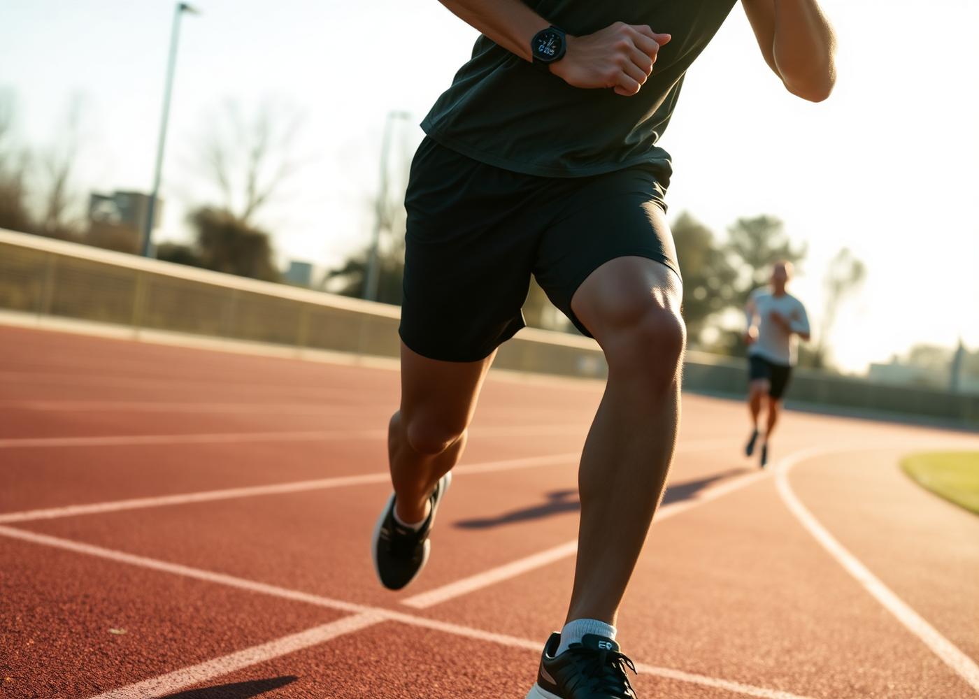 Recreational runner mid-stride on an outdoor track lane, showing controlled interval effort with lane lines curving into the distance.