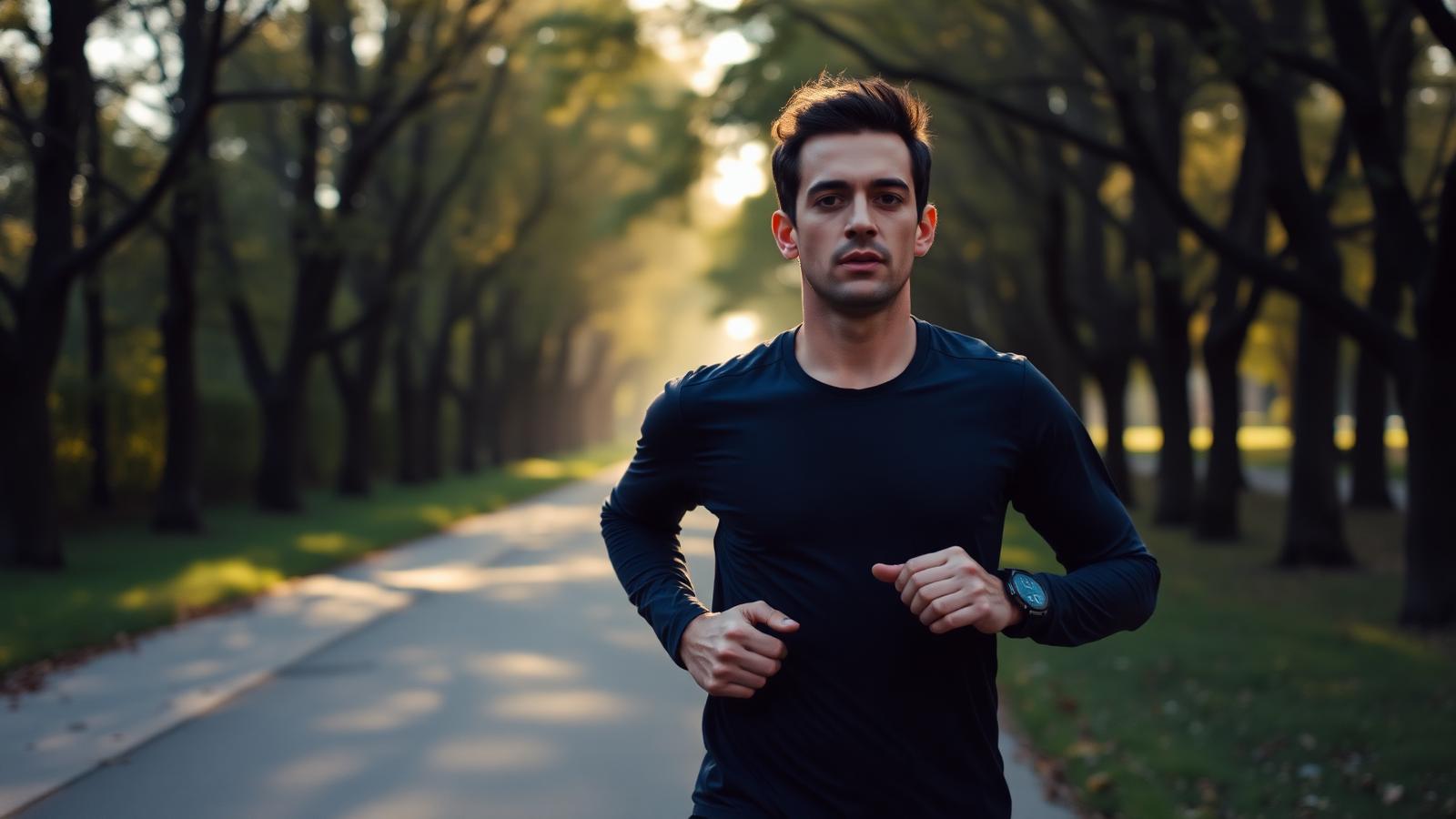 A runner in a dark long-sleeve top transitioning from a walk to an easy jog on a tree-lined path in warm morning light, GPS watch on wrist.