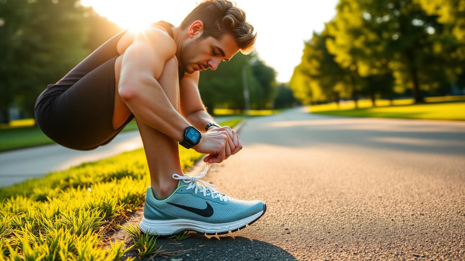 A former runner in athletic vest lacing fresh trainers at the edge of a park path in golden late-afternoon light before an easy return jog.