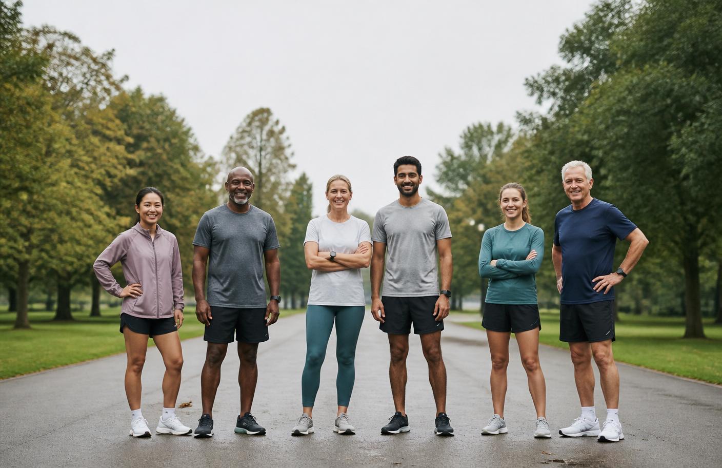 Six recreational runners of different ages, body types and experience levels standing side by side on a park path in plain athletic clothing.