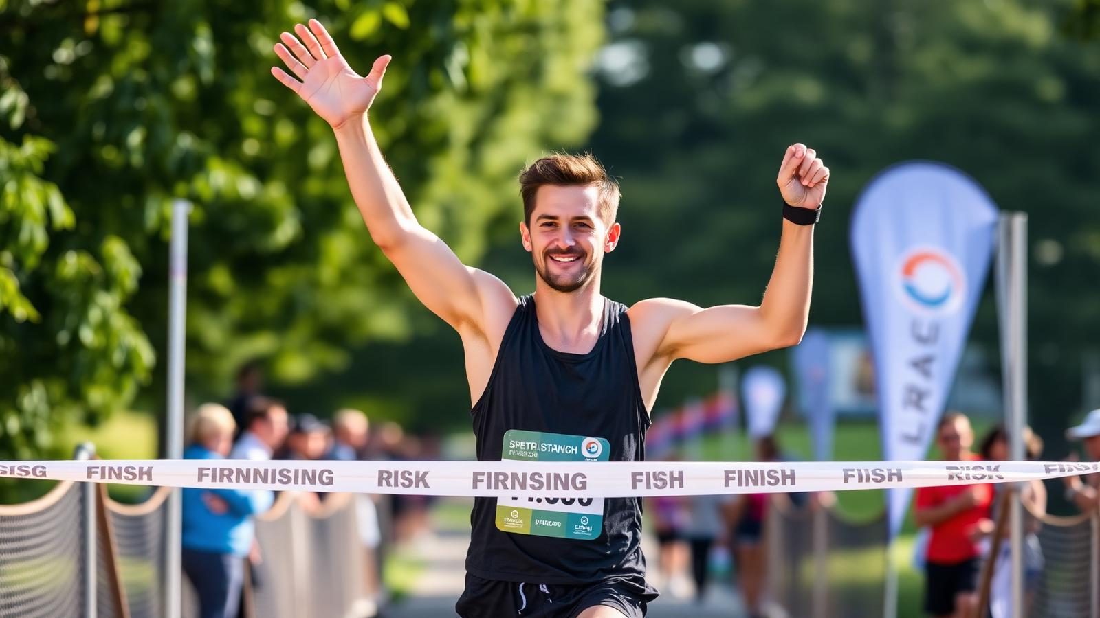 A former strength athlete crossing a local park 5K finish line, arms raised, wearing a race bib and GPS watch, spectators blurred in the background.