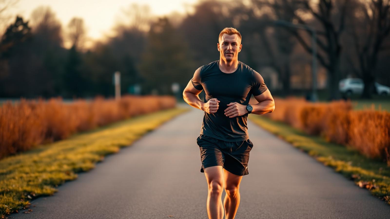 Muscular male weightlifter jogging on a park path at golden hour, GPS watch on wrist, calm easy running form.